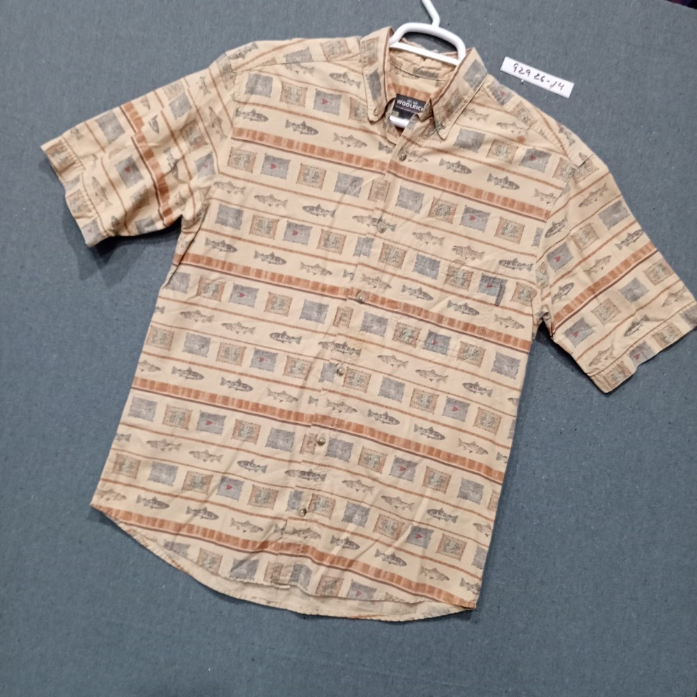 Woolrich Mens Trout Fish Fishing Print Short Sleeve Button Down Shirt Tan Size M